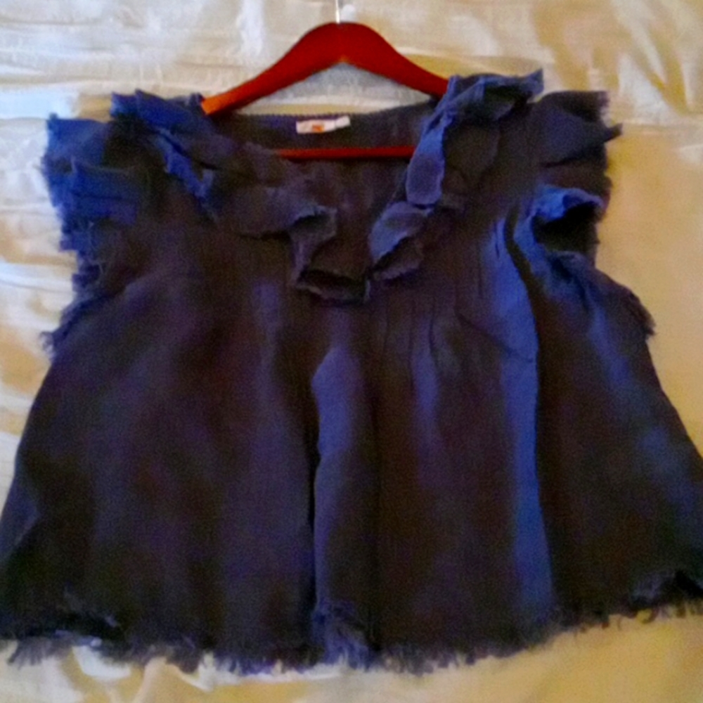 Faherty Navy Blue Linen Raw Hem Top Ruffle S